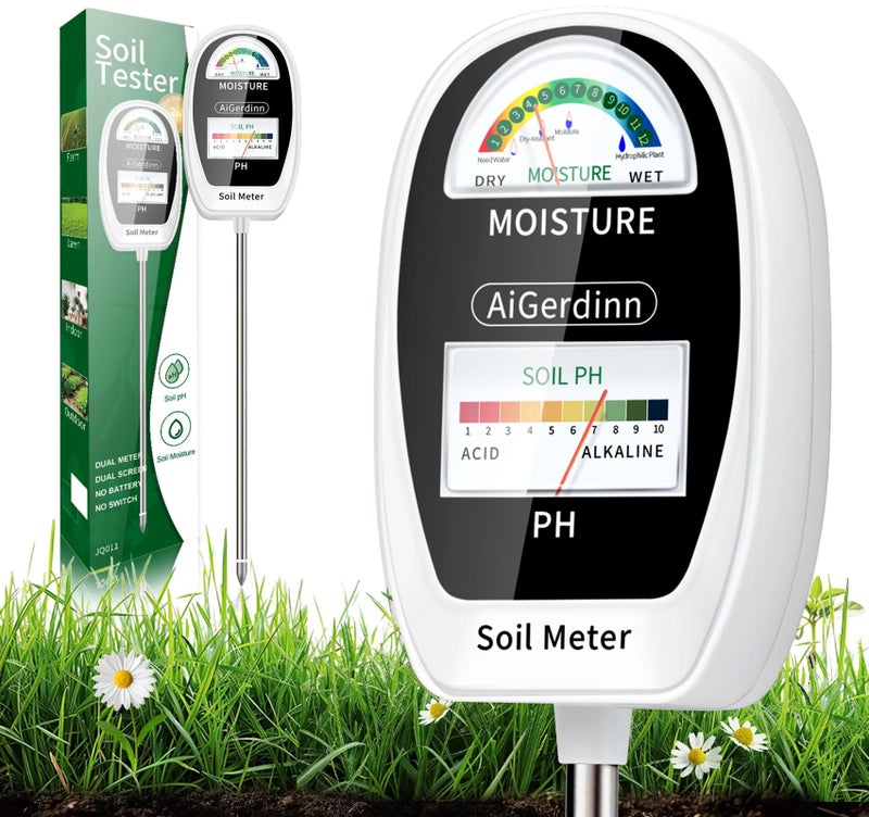 AiGerdinn Soil Test Kit, 2-in-1 Soil Moisture Meter, Soil pH Meter -Dual Dial-Simultaneously-Display Results-Soil pH Tester, Moisture Meter for Garden,Lawn,Farm Indoor&Outdoor Plants-PureWhite - Image 1