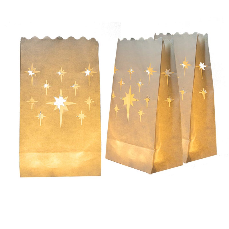 Homemory White Luminary Bags, Upgraded Moisture-Proof Candle Bags, Stars Design Luminaries for Wedding, Party, Halloween, Thanksgiving, Christmas (50)