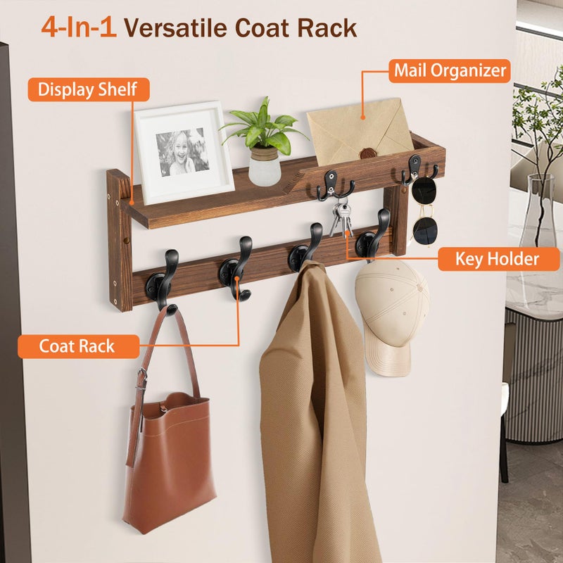 dreampossible Coat Rack Wall Mount with Shelf, Coat Hanger Wall Mount with Key Hooks and Mail Holder, Wood Entryway Wall Floating Shelf with Hooks and Storage, Hat Rack for Wall Key Holder Mail Organizer - Image 4