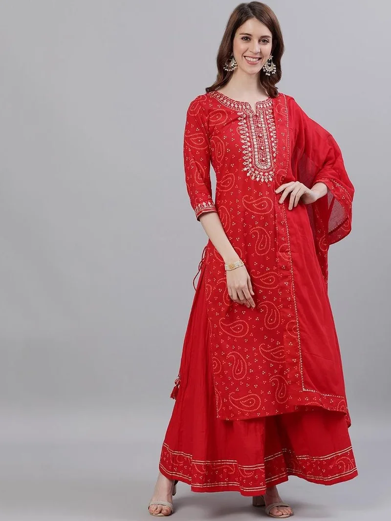 Ishin Embroidered Notch Neck Kurta with Skirt and Dupatta Set
