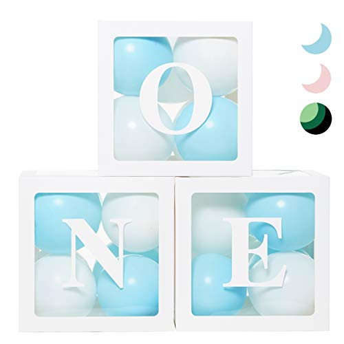PartyHooman 1st Birthday ONE Boxes Boy Decorations with 24 Balloons Clear Cube Blocks ONE Letters for Cake Smash Photoshoot Props Backdrop - Image 1