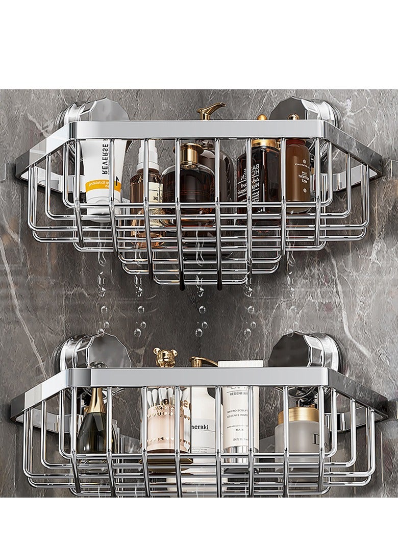 1pcs Bathroom Stainless Steel Wall Mounted Storage Rack Diamond Shape Hollow Suction Cup Shampoo Toiletry Hanging Basket Rack - Image 1