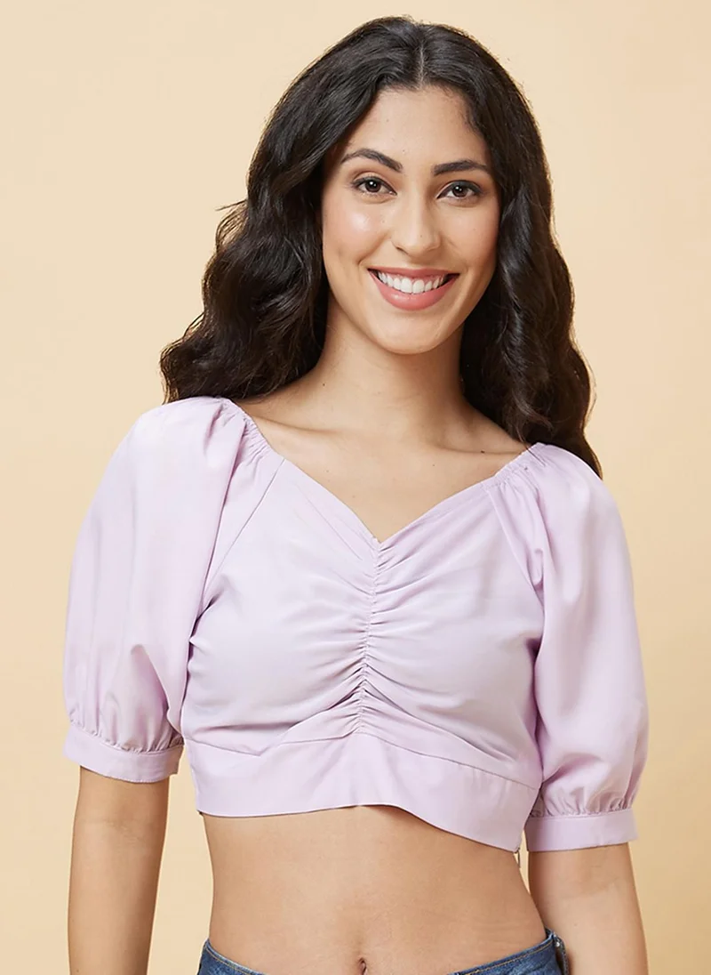 globus Globus Women V-Neck Gathered Or Pleated Puff Sleeve Crop Top