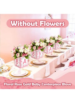 Easy Joy Baby Shower Centerpieces For Girls Floral Rose Gold Baby Centerpiece Pink Flower Boxes Party Arrangement Favor Block Holder Gender Reveal Table Display Girl Decoration Without Flowers (4 Pcs)  - Image 3
