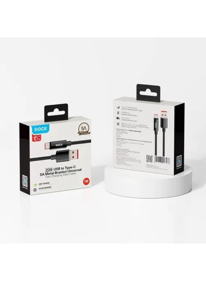 ROCK Z28 USB to type-c 5A /to lightning 2.4A Metal weaved fast charging data cable – USB to C 5A – BLACK - Image 2