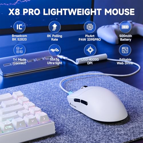 MAMBASNAKE ATTACK SHARK X8 PRO 8K Wireless Gaming Mouse,PAW3395PRO 40K DPI Sensor,Tri-Mode Broadcom BK52820 Chip,Superlight Ergonomic Mouse for Large Hands,Cloud-Based Software,for Win/Mac(White&Tape) - Image 2