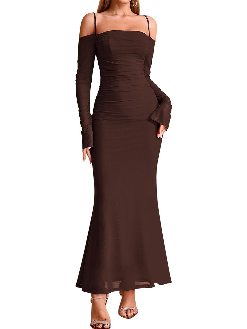 EYNMIN Women's Fall Wedding Guest Dresses Long Sleeve Spaghetti Strap Mesh Ruched Bodycon Maxi Formal Dress Brown - Image 1
