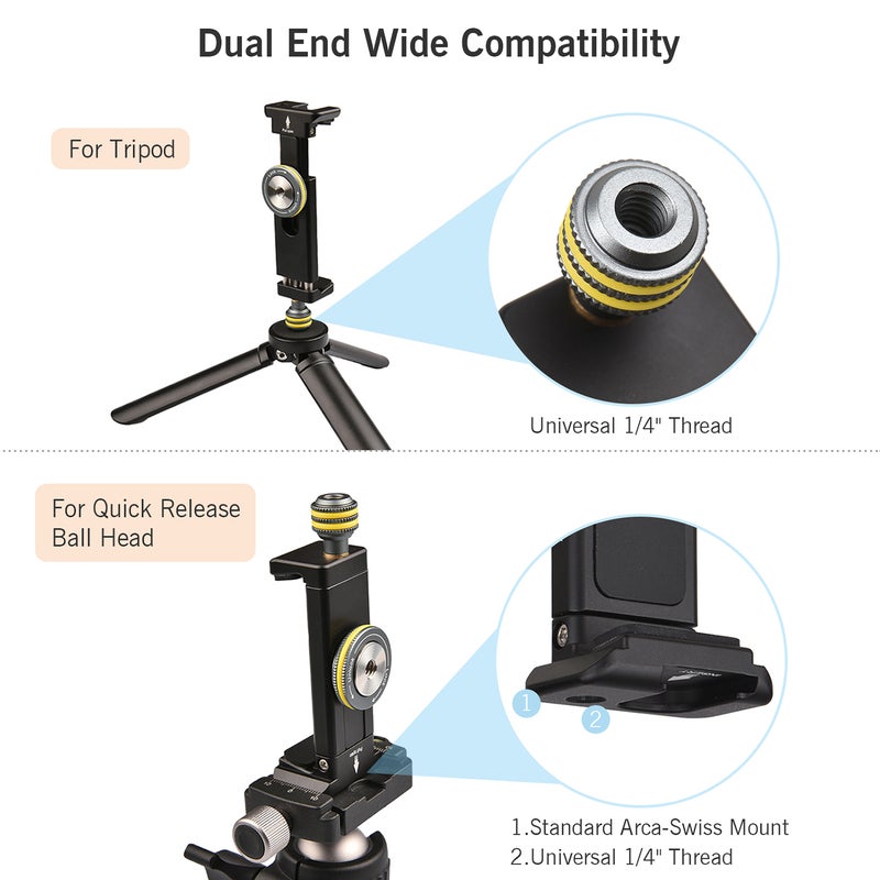 Smartphone Holder Clamp Tripod Mount with Standard Arca Swiss Mount Triple 1/4-inch Threads Cold Shoe Mount for Video Phone Microphone LED Light Mounting - Image 4