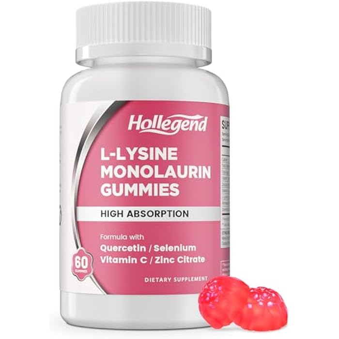 Hollegend L-Lysine Monolaurin Gummies, Monolaurin and Lysine 1000mg Supplement for Adults & Kids, with Vitamin C, Zinc, Selenium & Quercetin, Immune & Overall Support, Oral & Lip Health, Peach Flavor, 60 Ct - Image 1