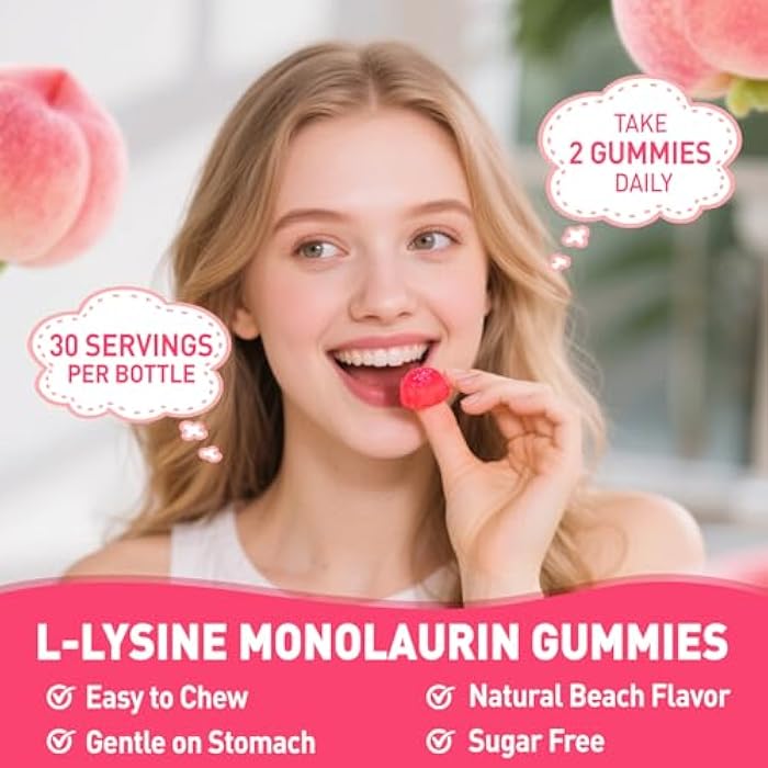 Hollegend L-Lysine Monolaurin Gummies, Monolaurin and Lysine 1000mg Supplement for Adults & Kids, with Vitamin C, Zinc, Selenium & Quercetin, Immune & Overall Support, Oral & Lip Health, Peach Flavor, 60 Ct - Image 5