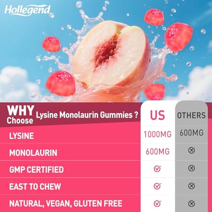 Hollegend L-Lysine Monolaurin Gummies, Monolaurin and Lysine 1000mg Supplement for Adults & Kids, with Vitamin C, Zinc, Selenium & Quercetin, Immune & Overall Support, Oral & Lip Health, Peach Flavor, 60 Ct - Image 4