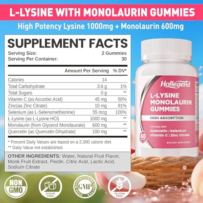 Hollegend L-Lysine Monolaurin Gummies, Monolaurin and Lysine 1000mg Supplement for Adults & Kids, with Vitamin C, Zinc, Selenium & Quercetin, Immune & Overall Support, Oral & Lip Health, Peach Flavor, 60 Ct - Image 2