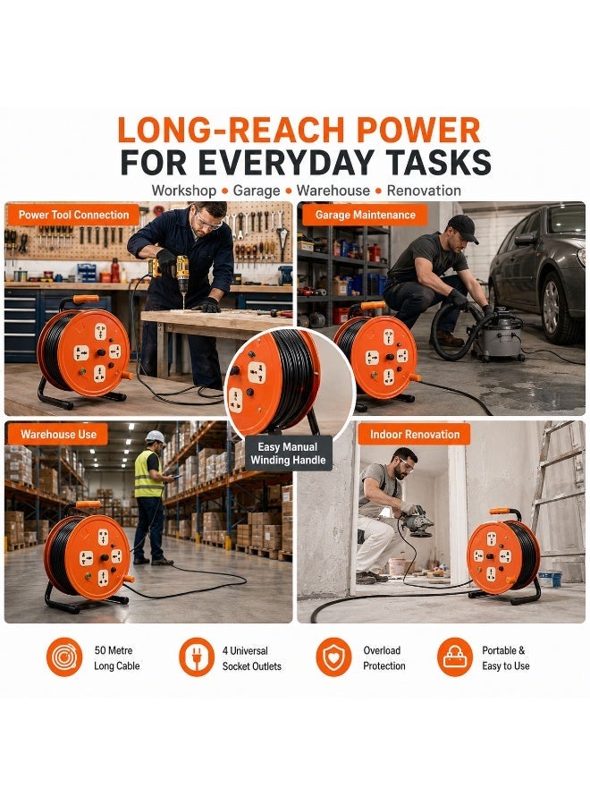 50M Heavy-Duty Extension Cable Reel with 4 Universal Power Sockets, Portable Metal Cable Drum with Carry Handle, Power Indicator and Reset Protection for Workshop, Garage, Construction and Home Use - Image 1