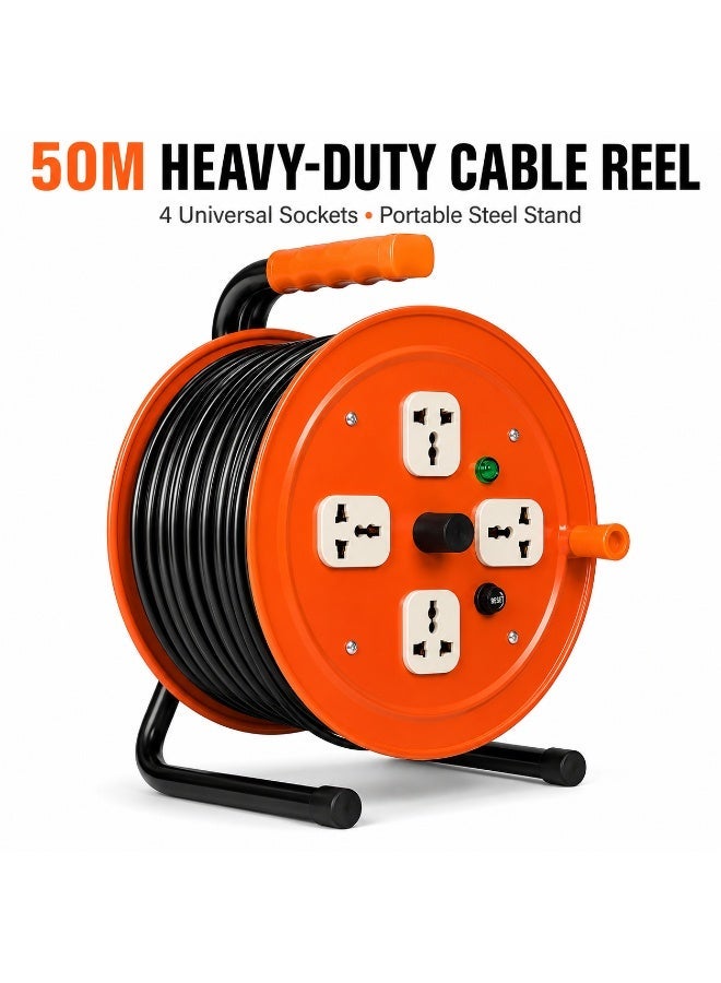 50M Heavy-Duty Extension Cable Reel with 4 Universal Power Sockets, Portable Metal Cable Drum with Carry Handle, Power Indicator and Reset Protection for Workshop, Garage, Construction and Home Use - Image 2