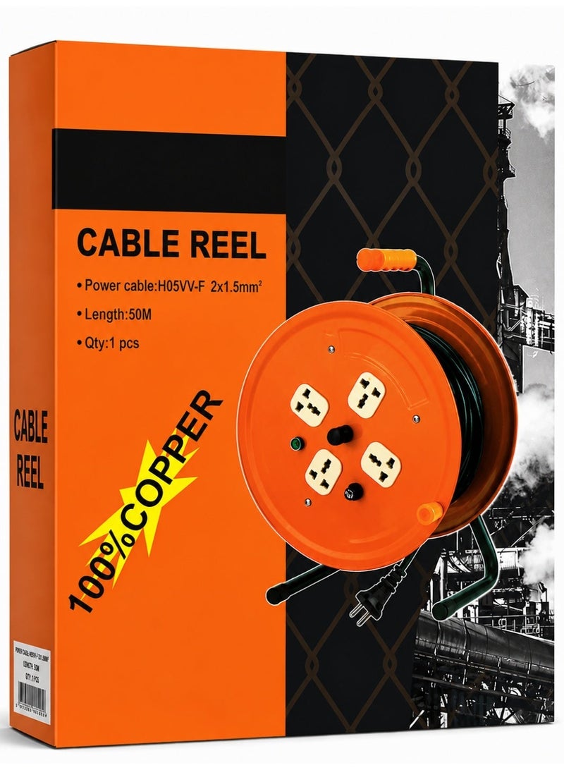 50M Heavy-Duty Extension Cable Reel with 4 Universal Power Sockets, Portable Metal Cable Drum with Carry Handle, Power Indicator and Reset Protection for Workshop, Garage, Construction and Home Use - Image 3