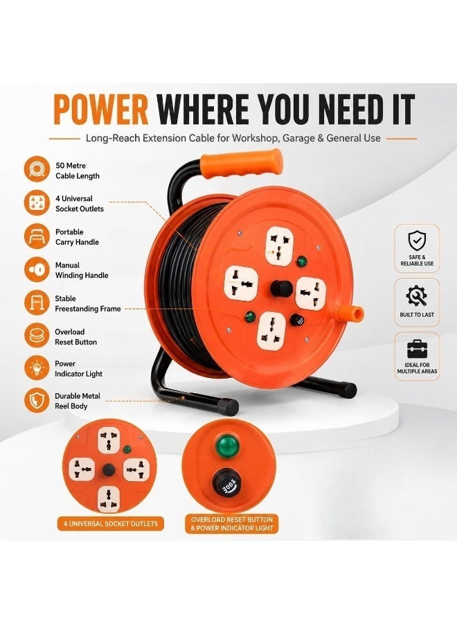 50M Heavy-Duty Extension Cable Reel with 4 Universal Power Sockets, Portable Metal Cable Drum with Carry Handle, Power Indicator and Reset Protection for Workshop, Garage, Construction and Home Use - Image 4