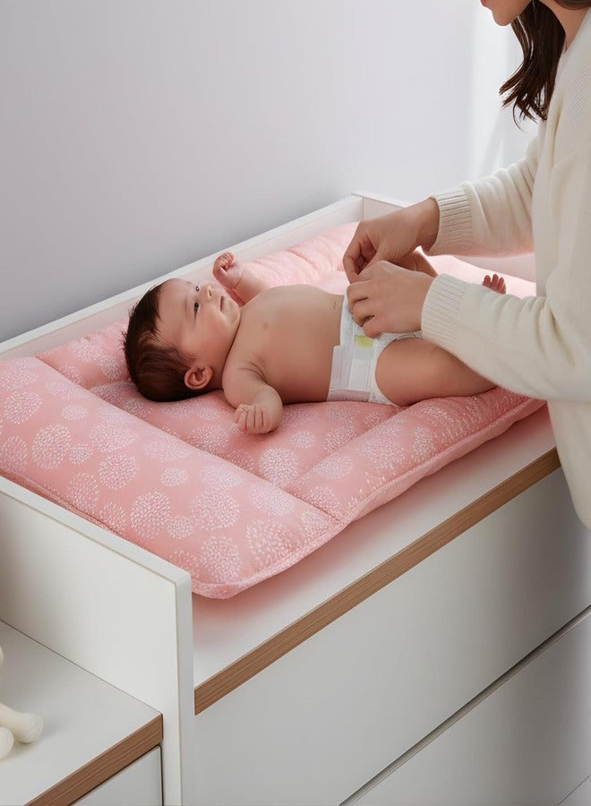 Tidy Sleep Baby Changing Station with Bolster Support & Pillow | Waterproof Cotton Poplin Changing Mat with TPU Backing, Extra Cushioned Portable Diaper Changing Pad for Newborns (0-3 Months) | Dandelion Pink - Image 1