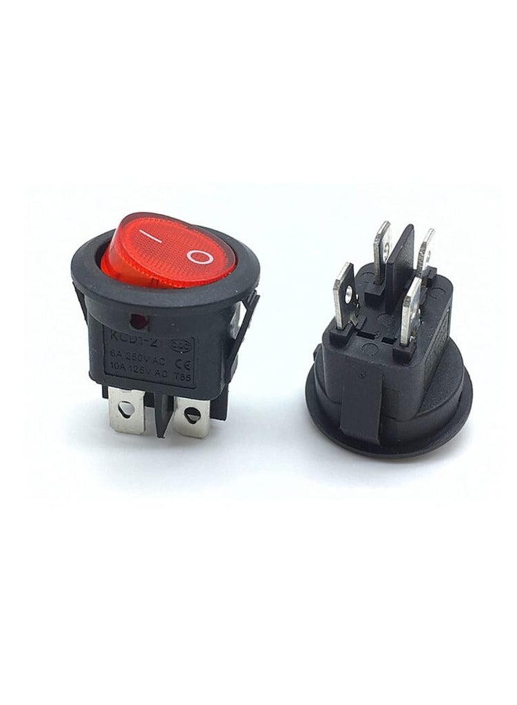 KNP KNP  KCD1-2 220V AC 4 Pin Red Round Rocker Switch is a compact and reliable switch designed for controlling electrical devices This switch features a distinctive red round rocker button for clear visibility and ease of use.  - Image 1