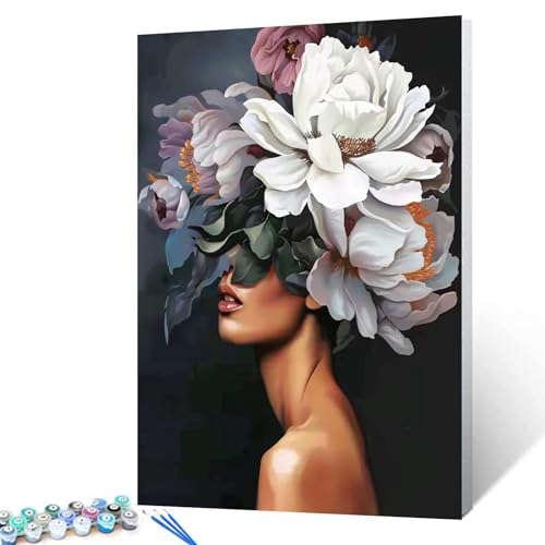 Tucocoo Lady Head Flower Picture Paint by Numbers for Adults Modern Style Oil Painting Set Fashion Acrylic Figure Without Frame 16W x 20H - Image 1
