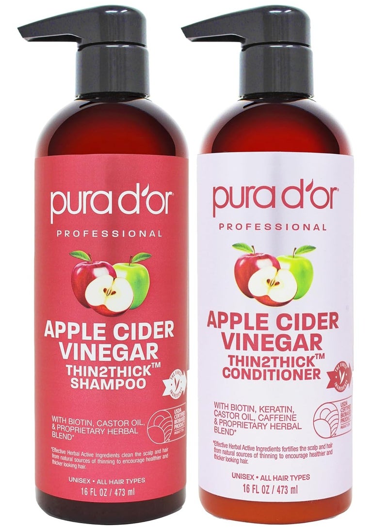 Pura d'or - PURA D'OR Apple Cider Vinegar Thin2Thick Set Shampoo Conditioner for Regrowth, Hair Loss, Clarifying, Detox (2 x 16oz) Biotin, Keratin, Caffeine, Castor Oil, All Hair Type, Men/Women, Packaging varies Product Name - Image 1