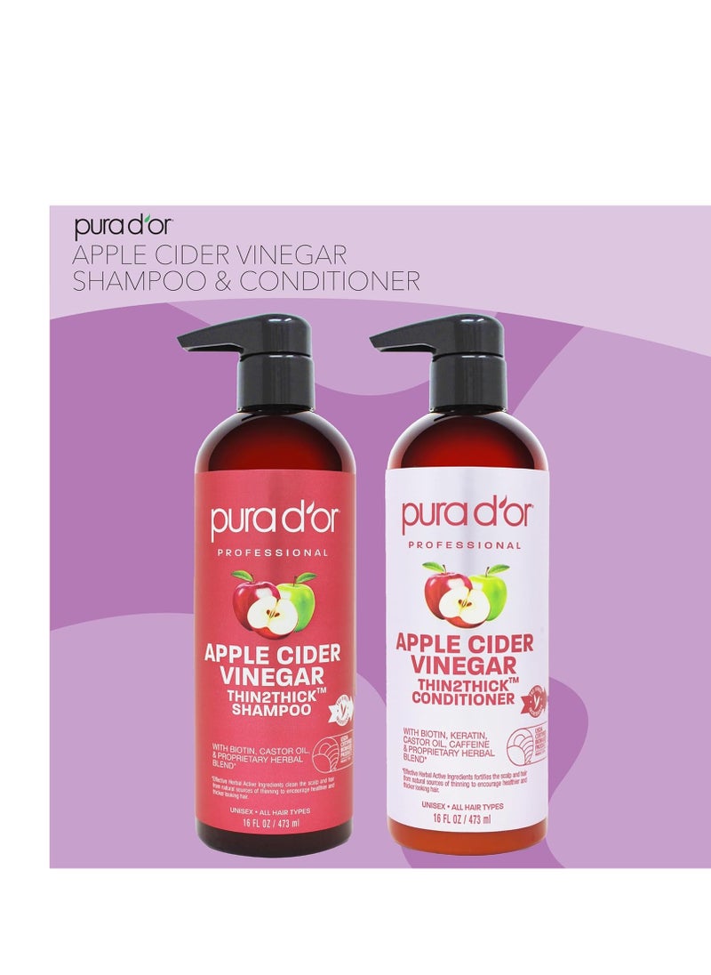 Pura d'or - PURA D'OR Apple Cider Vinegar Thin2Thick Set Shampoo Conditioner for Regrowth, Hair Loss, Clarifying, Detox (2 x 16oz) Biotin, Keratin, Caffeine, Castor Oil, All Hair Type, Men/Women, Packaging varies Product Name - Image 1