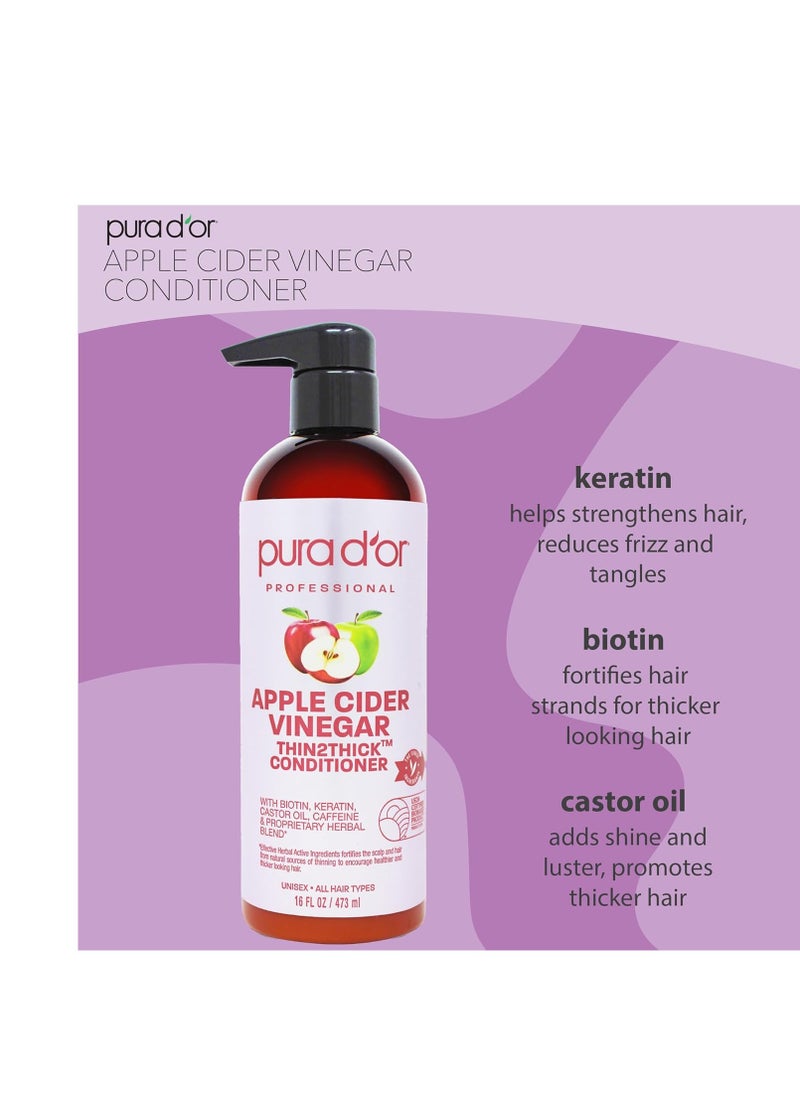 Pura d'or - PURA D'OR Apple Cider Vinegar Thin2Thick Set Shampoo Conditioner for Regrowth, Hair Loss, Clarifying, Detox (2 x 16oz) Biotin, Keratin, Caffeine, Castor Oil, All Hair Type, Men/Women, Packaging varies Product Name - Image 1