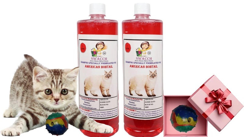 swacch American Bobtail Cat Shampoo + Rubber Musical Ball I Chew Playing Rubber Ball I Interactive Cat Toy Balls I Training & Play I Combo Pack I 1 Litre Pack of 2 Strawberry - Image 1