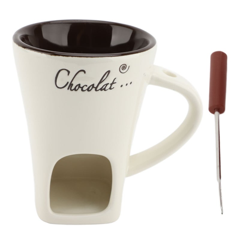 Chocolate Melting Mug: 4 Inches Top Diameter 4.7 Inches Height White Premium Ceramic Easy Cleaning Dishwasher Safe Fondue Mug - Tealight Candle Heating Stainless Steel Fork Included Dessert Fondue Pot - Image 1