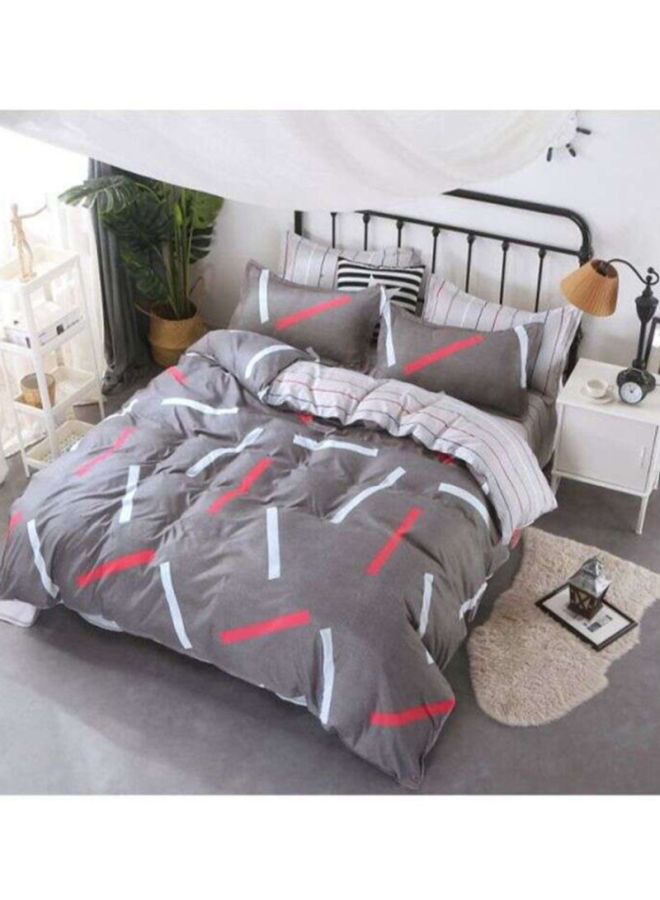 NIBEMINENT 4-Piece Striped Printed Duvet Cover Set Polyester Grey/White/Red - Image 1