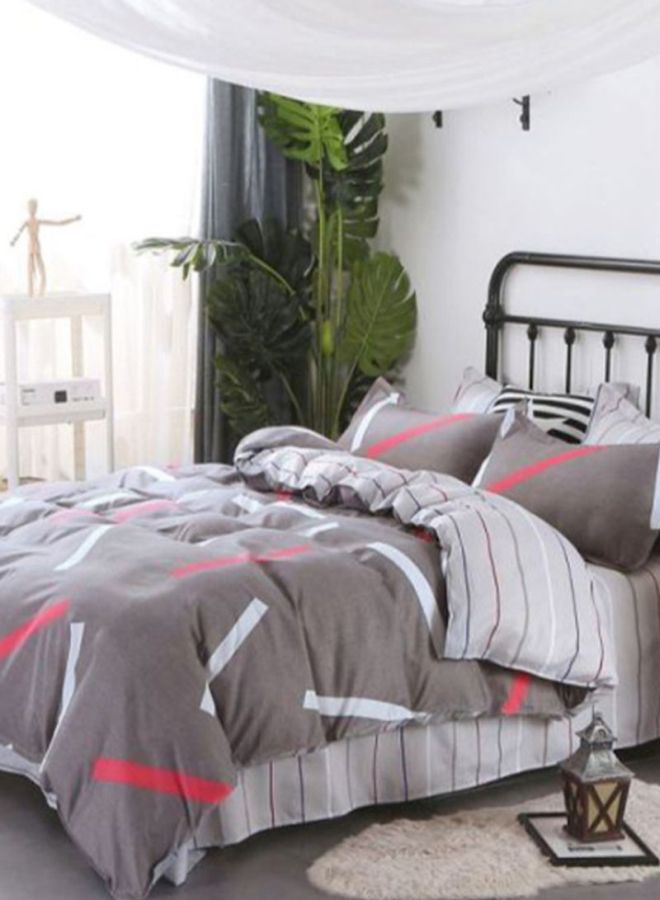 NIBEMINENT 4-Piece Striped Printed Duvet Cover Set Polyester Grey/White/Red - Image 2