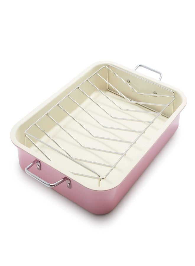 GreenLife 16.5” x 12” Healthy Ceramic Nonstick Roasting Pan with Stainless Steel Roaster Rack, PFAS-Free, PFOA-Free, Dishwasher Safe, Oven Safe, Easy Pouring Rims, Soft Pink - Image 1