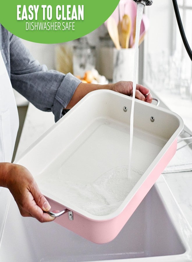 GreenLife 16.5” x 12” Healthy Ceramic Nonstick Roasting Pan with Stainless Steel Roaster Rack, PFAS-Free, PFOA-Free, Dishwasher Safe, Oven Safe, Easy Pouring Rims, Soft Pink - Image 3