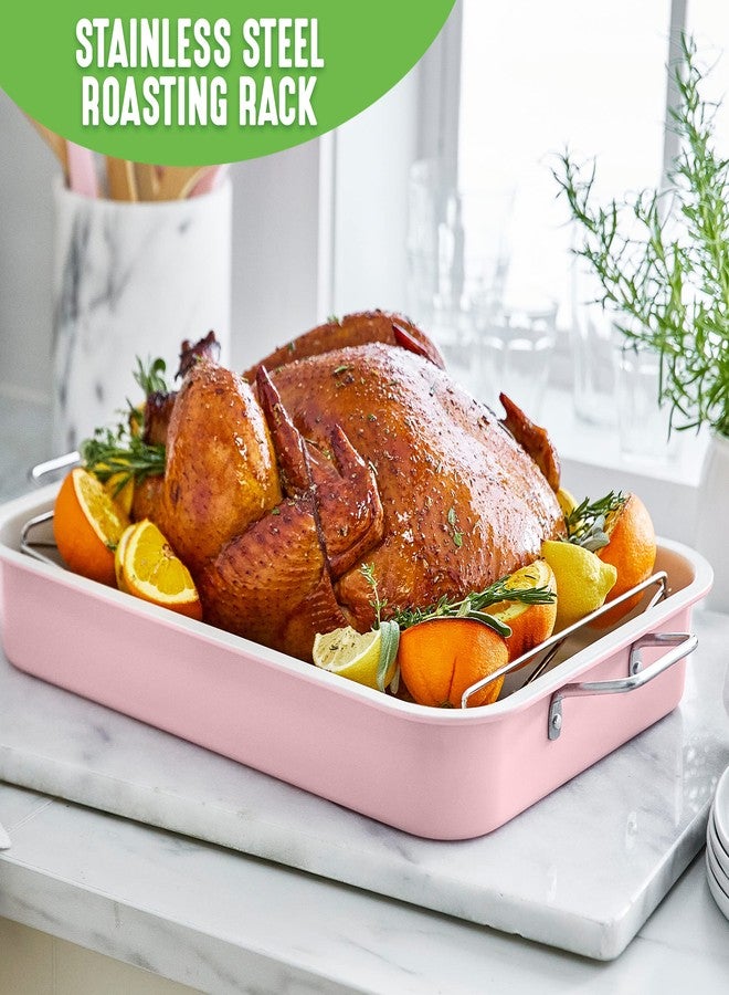 GreenLife 16.5” x 12” Healthy Ceramic Nonstick Roasting Pan with Stainless Steel Roaster Rack, PFAS-Free, PFOA-Free, Dishwasher Safe, Oven Safe, Easy Pouring Rims, Soft Pink - Image 2