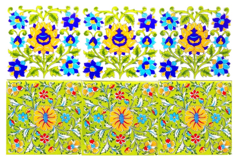Shiv Kripa Blue Pottery Home Decor Moroccan Interior Exterior Tabletop Floor Install Wall Ceramic Handmade Stairs Wall Tiles 6 x 6 Inch Set of 6 Tiles Multi
