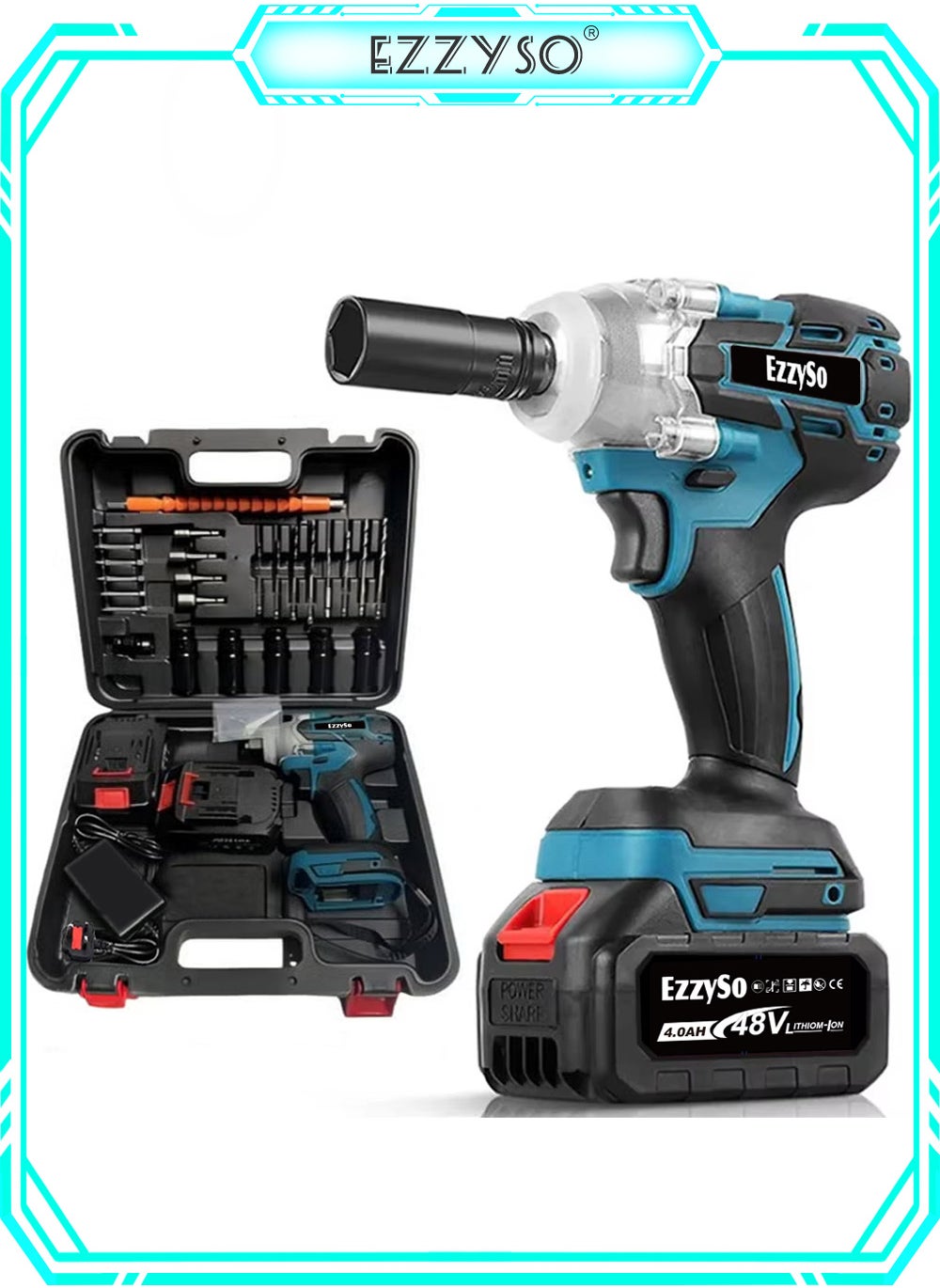 EzzySo 48V brushless lithium-ion impact wrench set, high torque performance, multi-functional accessories, instantly improve your work efficiency 