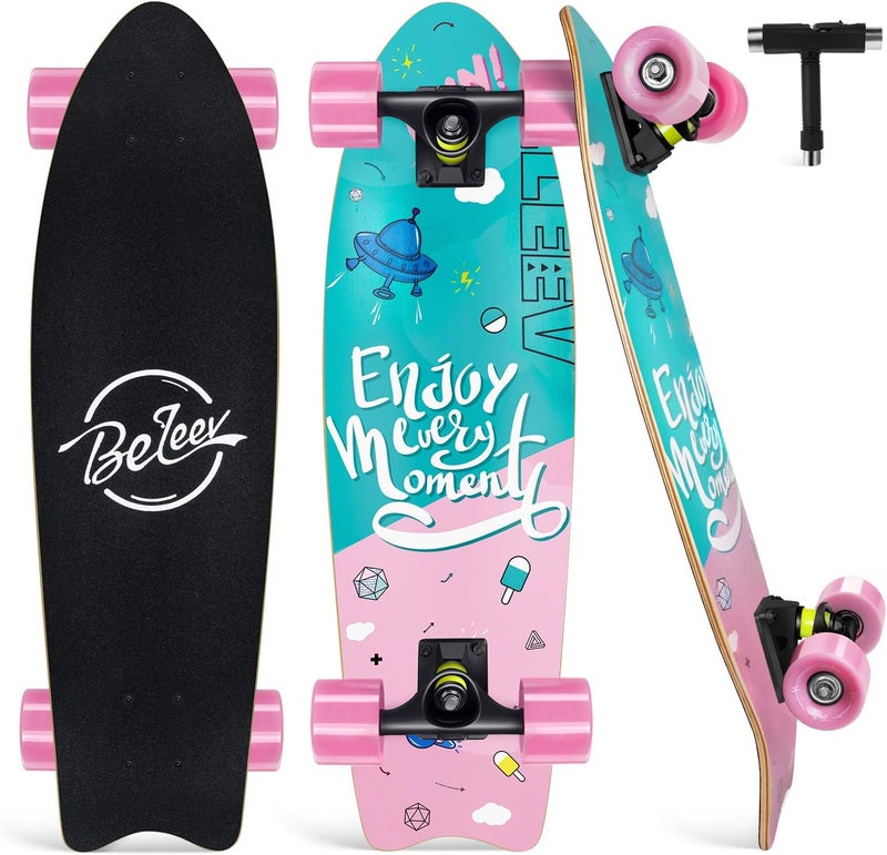 BELEEV Cruiser Skateboards for Beginners, 27 x 8 inch Complete Skateboard for Kids Teens Adults, 7 Ply Canadian Maple Double Kick Deck Concave Skateboard with Skate T-Tool - Image 1