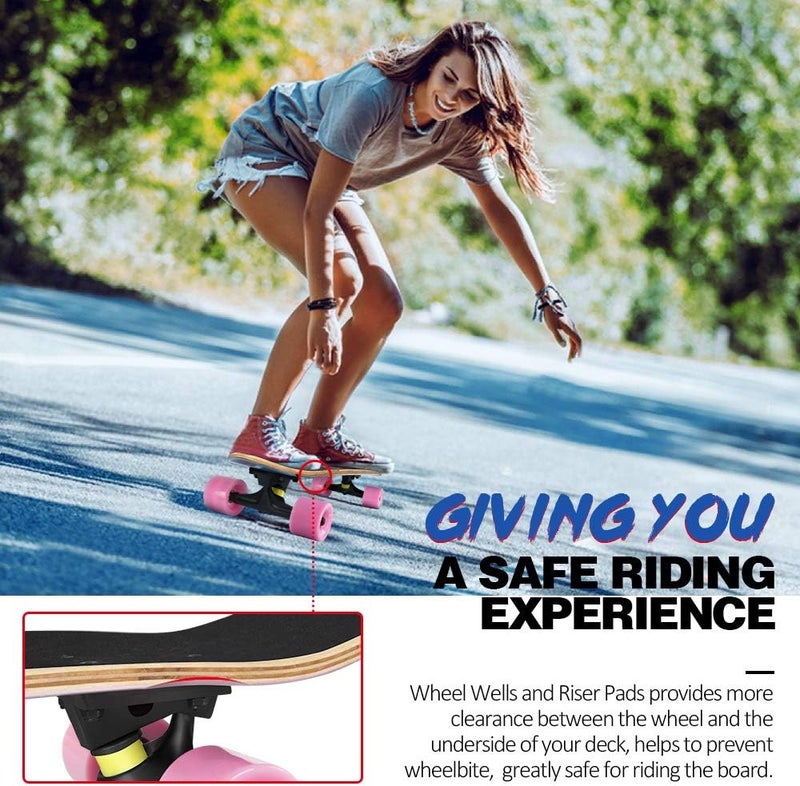 BELEEV Cruiser Skateboards for Beginners, 27 x 8 inch Complete Skateboard for Kids Teens Adults, 7 Ply Canadian Maple Double Kick Deck Concave Skateboard with Skate T-Tool - Image 3