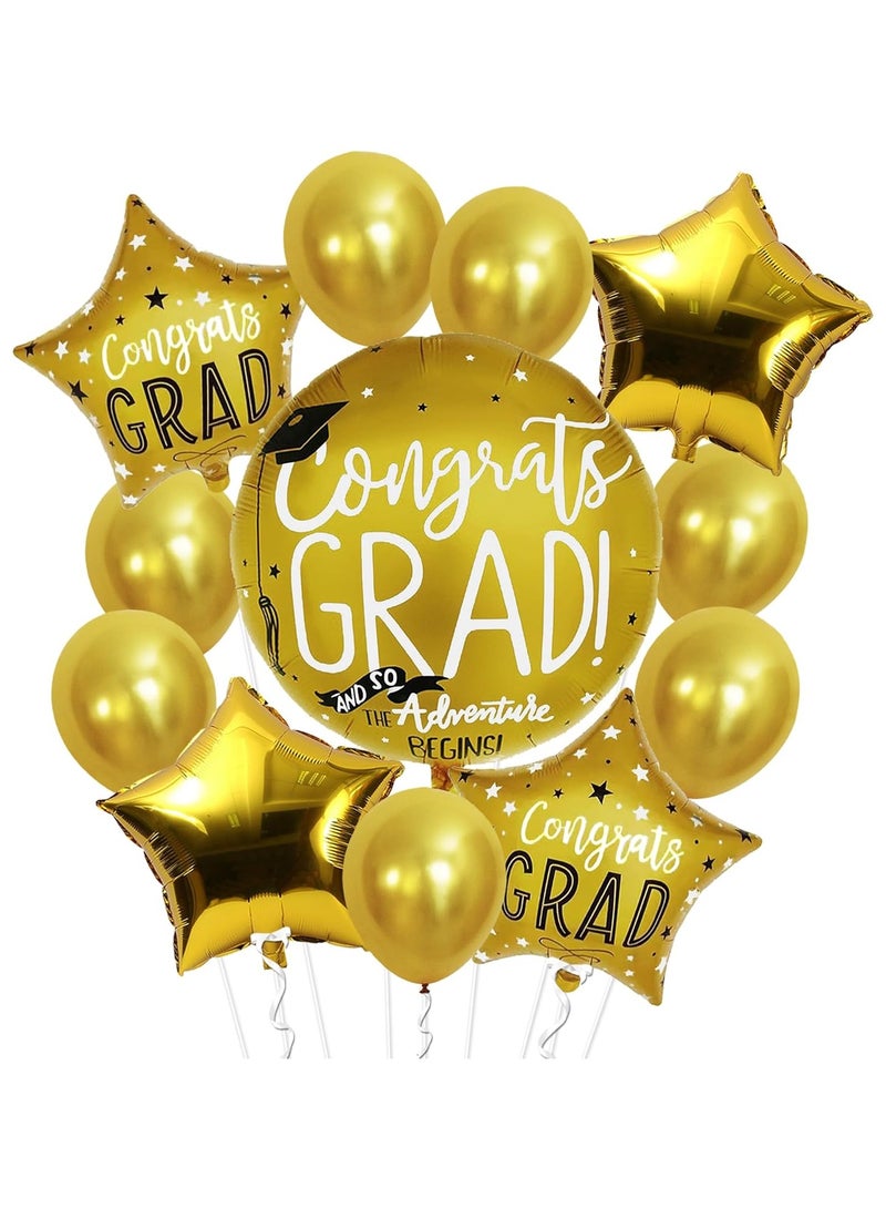 Gold Grad Balloons Pack of 12 | Round & Star Foil Balloons | Graduation Decorations Class of 2025