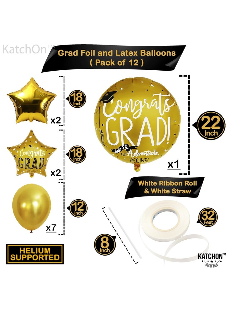Gold Grad Balloons Pack of 12 | Round & Star Foil Balloons | Graduation Decorations Class of 2025