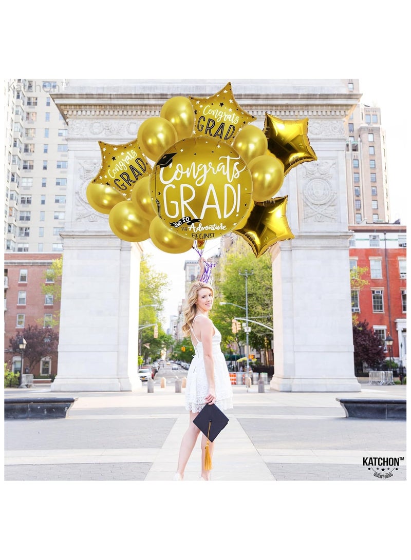 Gold Grad Balloons Pack of 12 | Round & Star Foil Balloons | Graduation Decorations Class of 2025