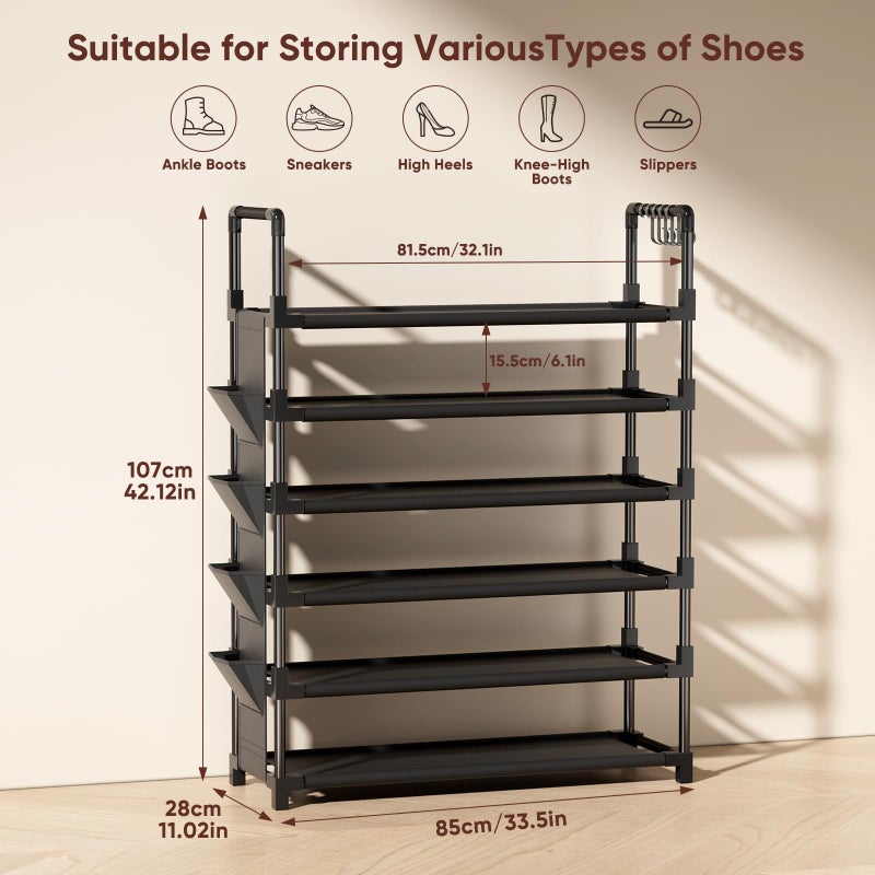 Mavivegue 6 Tier Shoe Rack for 25-30 Pairs of Shoes,Metal Shoe Rack with Hook and Side Pocket for Closet,Entryway,Hallway,Dorm (6 Tier with Hook) - Image 4