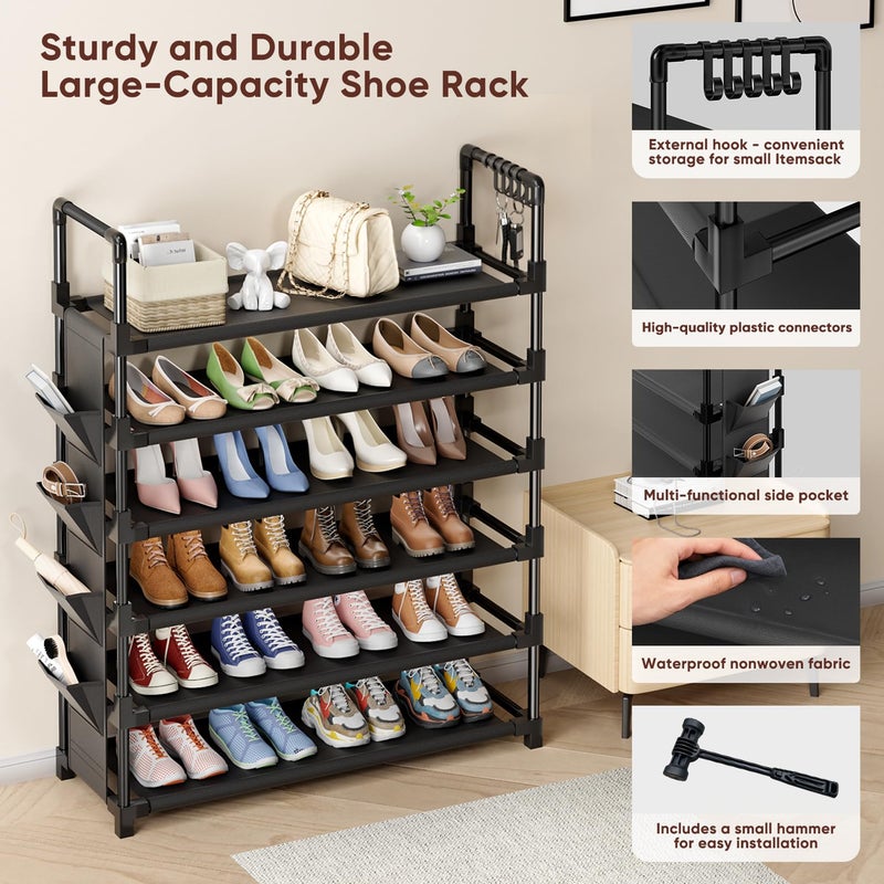 Mavivegue 6 Tier Shoe Rack for 25-30 Pairs of Shoes,Metal Shoe Rack with Hook and Side Pocket for Closet,Entryway,Hallway,Dorm (6 Tier with Hook) - Image 3