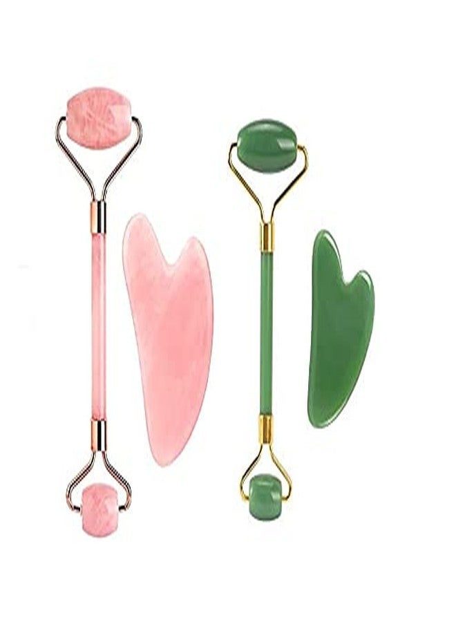 Getmecraft Jade Face Roller and Gua Sha Set Rose Quartz Face Roller Gua Sha Set With Green Aventurine Jade Roller and Gua Sha Set - Image 1
