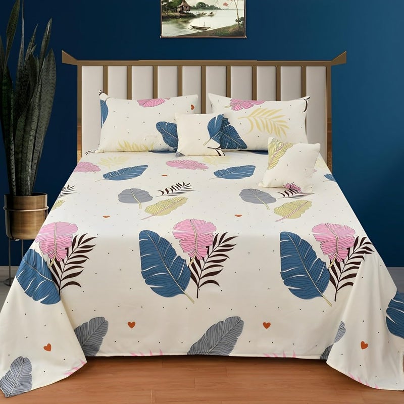 Premium Collection 220 TC Bedding Set Cream Color Leaf Print Double Bed Flat bedsheet90X 100 Inches with 2 Pillow Cover and 2 Filled Cushions with Quilted Cover 5 pcs Set Cream  - Image 1