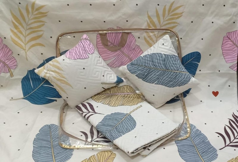 Premium Collection 220 TC Bedding Set Cream Color Leaf Print Double Bed Flat bedsheet90X 100 Inches with 2 Pillow Cover and 2 Filled Cushions with Quilted Cover 5 pcs Set Cream  - Image 5