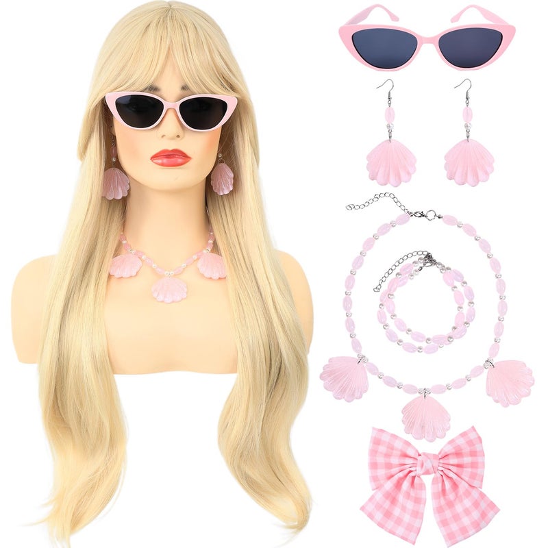 morvally morvally Long Blonde Wig with Bangs for Women Wavy Synthetic Hair Wigs Cosplay Costume Halloween Party Daily Wear Including Shell Necklace Bracelets Earrings Sunglasses and Bow Hair Clip 