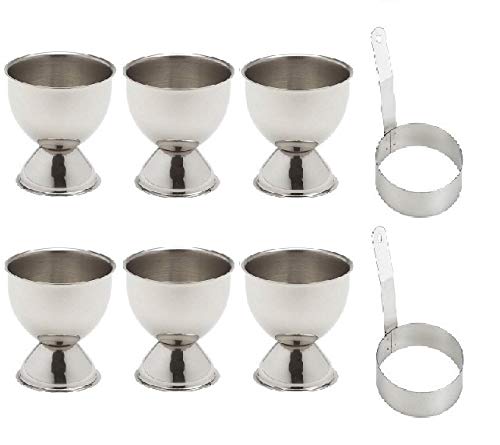 Dynore Stainless Steel Set of 2 Round Egg/Pancake Ring with Handle and Set of 6 Egg Cups - Image 1