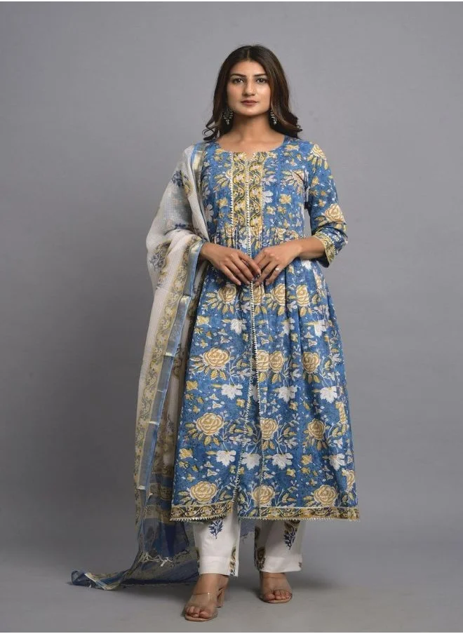 ZERESOUQ Teal Blue Full Suit Cape Kurta Set