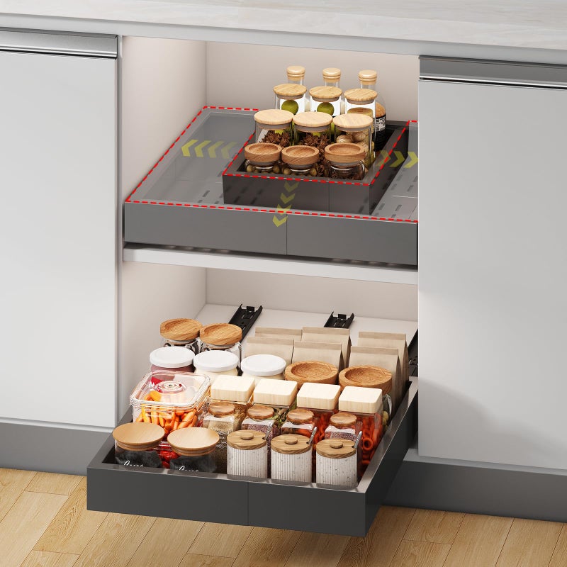 Pull out Cabinet OrganizerWidth 1116 and Depth 1724 Expandable With 3 RailsNo Drill Adjustable Slide out Drawers for KitchenPantryAdhesive Roll out Shelvesfor Cabinets without LipBlack