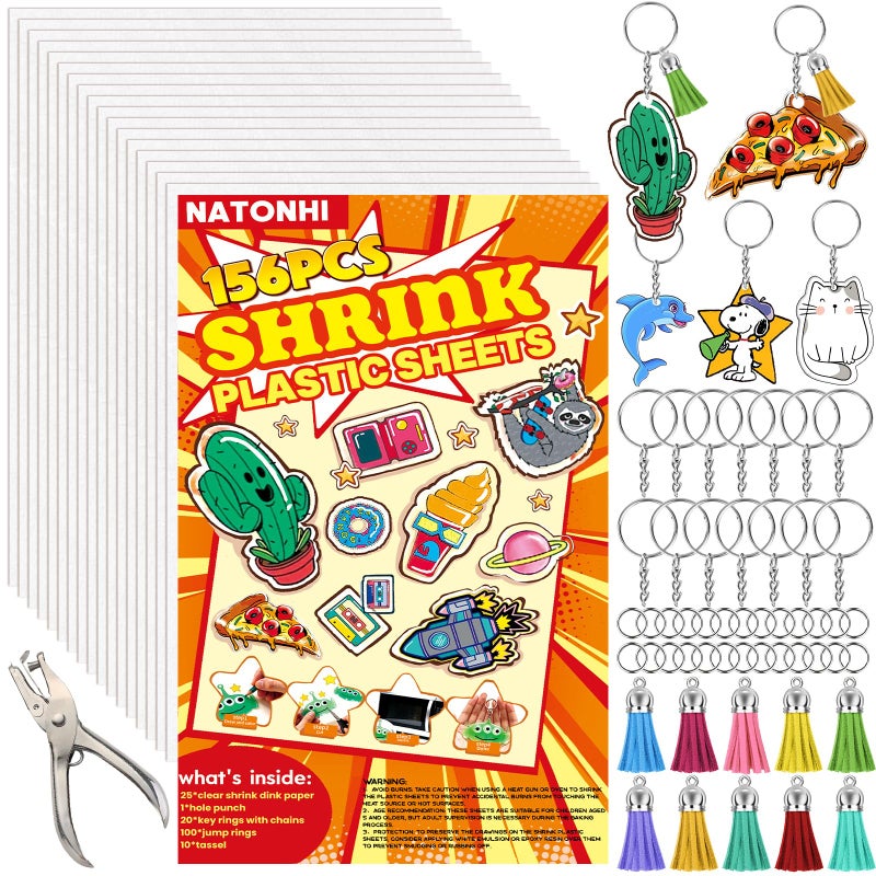Natonhi 156 Pcs Shrinky Dink Paper Keychain Kit,with 25 Pcs Shrinky Plastic Sheets 7.9"x5.7",Hole Punch,Tassel,Key Rings with Chain,Jump Rings DIY Crafts for Adults and Teens - Image 1